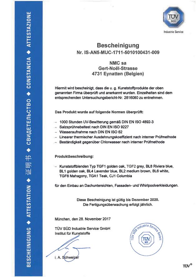 TÜV ZERTIFIKAT BLINDS TECHNISCH DATABLAD BL1-2-4-6-8-11-12 & TGA1/TGF1-2-8 & CJ1 Eigenschap Waard Norm Commentaar Aard 100% Polymer Unieke formule met UV bescherming Lengte 4,6-6,0 m Afwijkende