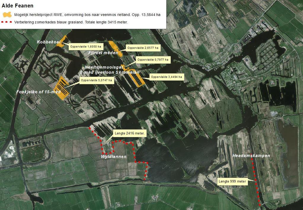 Afbeelding 20: De projectgebieden waar RWE veenmosrietland en blauwgrasland gaat herstellen (met oppervlakten) (Bron: It Fryske Gea). In rode onderbroken lijn: de te onderzoeken kadetrajecten.