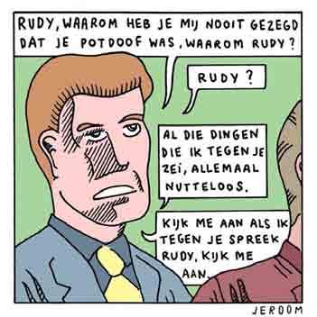 9 Roodkapje stapt door het donkere bos naar het huisje van haar grootmoeder. Plots ziet ze tussen de struiken de Grote Boze Wolf zitten. 'Maar wolf,' vraagt ze, 'waarom heb je zulke kleine oogjes?