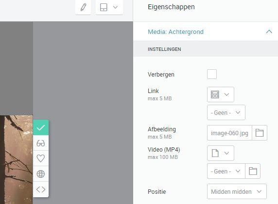 Achtergrond Media De blokken Header en Hero hebben een extra functie. Namelijk: Achtergrond media. Met de achtergrond media kun je de voorgrondafbeelding van een blokken veranderen.