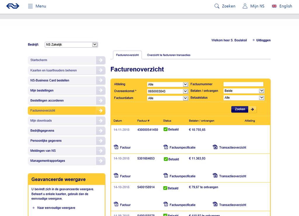 12 Facturenoverzicht In het zoekresultaat kunt u per maand de factuur (pdf) openen en downloaden, evenals de