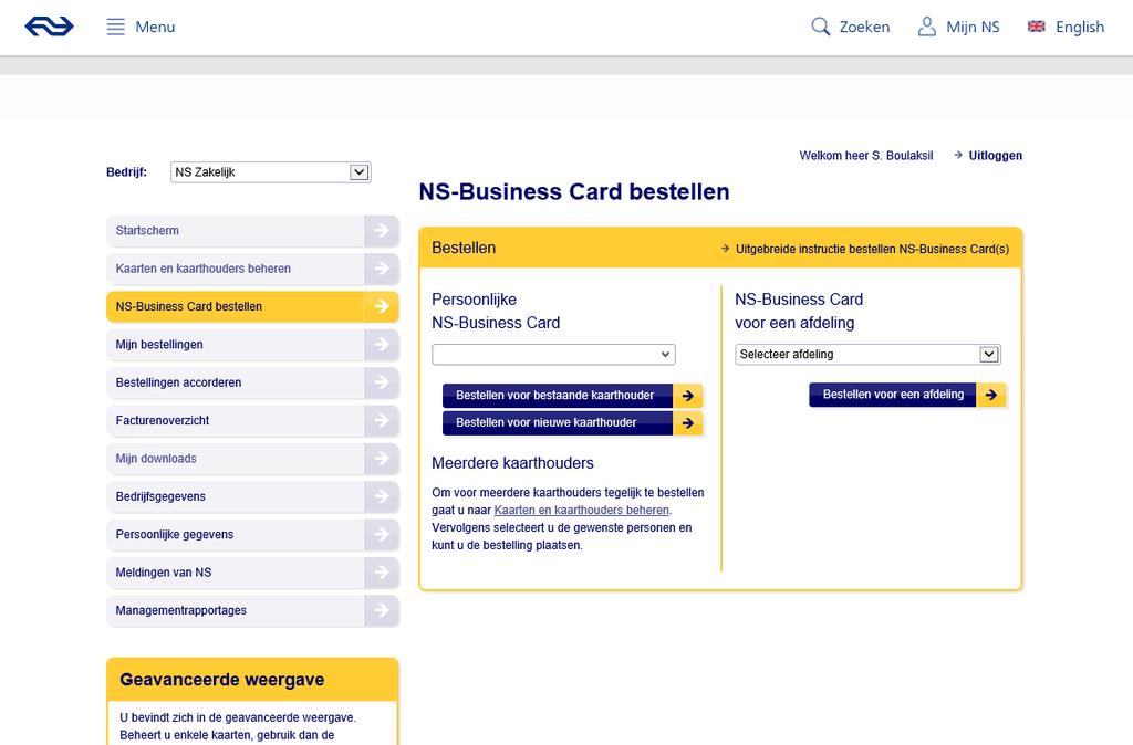 8 NS-Business Card bestellen Via de menuknop 'NS-Business Card bestellen' kunt u één of meerdere NS-Business Cards tegelijk bestellen.