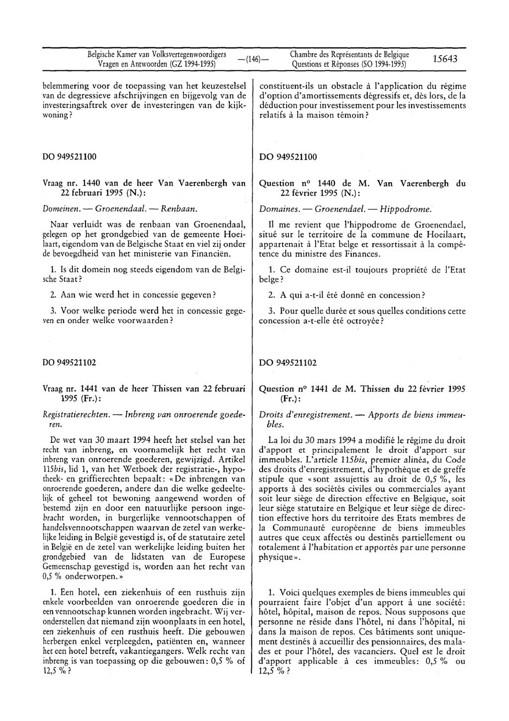 Belgische Kamer van Volksvertegenwoordigers Vragenen Antwoorden (GZ 1994-1995) Questions et Réponses(SO 1994-1995) 15643 belemmering voor de toepassing van het keuzestelsel van de degressieve