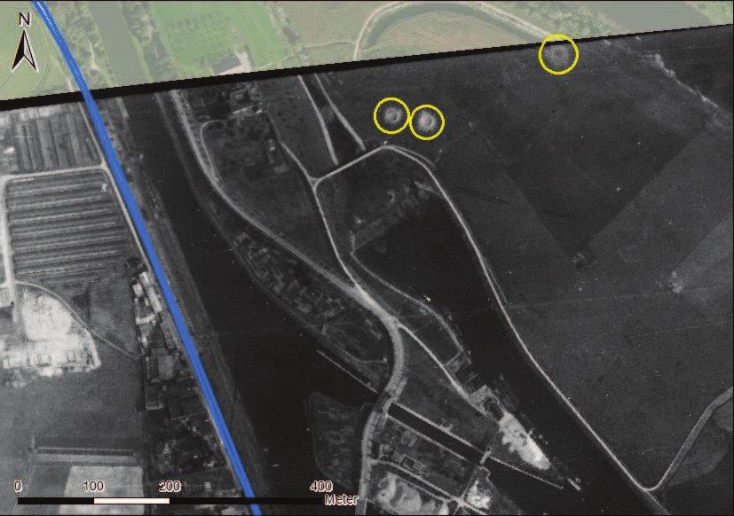 Op de luchtfoto s van 7 mei 1942 zijn ten noordwesten van Maastricht bij de Bosscherweg ter hoogte van de steenfabriek op het eiland tussen de Maas en het verbindingskanaal bomkraters te zien.