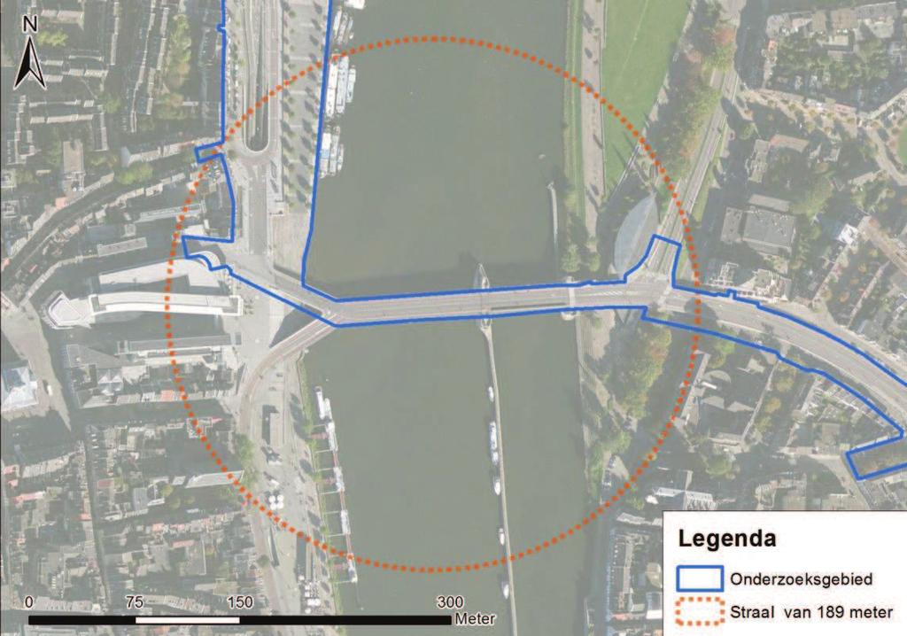 5.4.3 Overzicht verdacht gebied Op basis van het voorgaande kan gesteld worden dat vanuit het hart van het doel (het midden van de Wilhelminabrug) een straal van 181 meter getrokken kan worden.