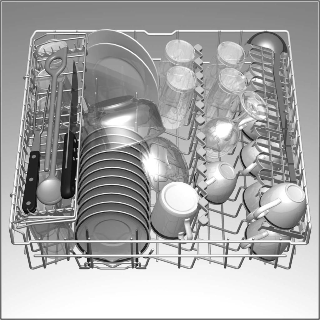 Kopjes en glazen Bovenste servieskorf 20 Bestek Bestek altijd ongesorteerd met het eetvlak naar beneden inruimen.