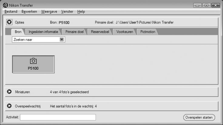 Aansluiten op een computer 5 Foto's overspelen zodra Nikon Transfer is geopend. Klik in Nikon Transfer op [Overspelen starten].