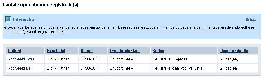 2. Lijsten met registraties (1) Lijst Laatste openstaande registraties : Deze lijst bevat de patiënten voorwie er momenteel een registratie ingevoerd wordt, maar die nog niet werd afgewerkt.