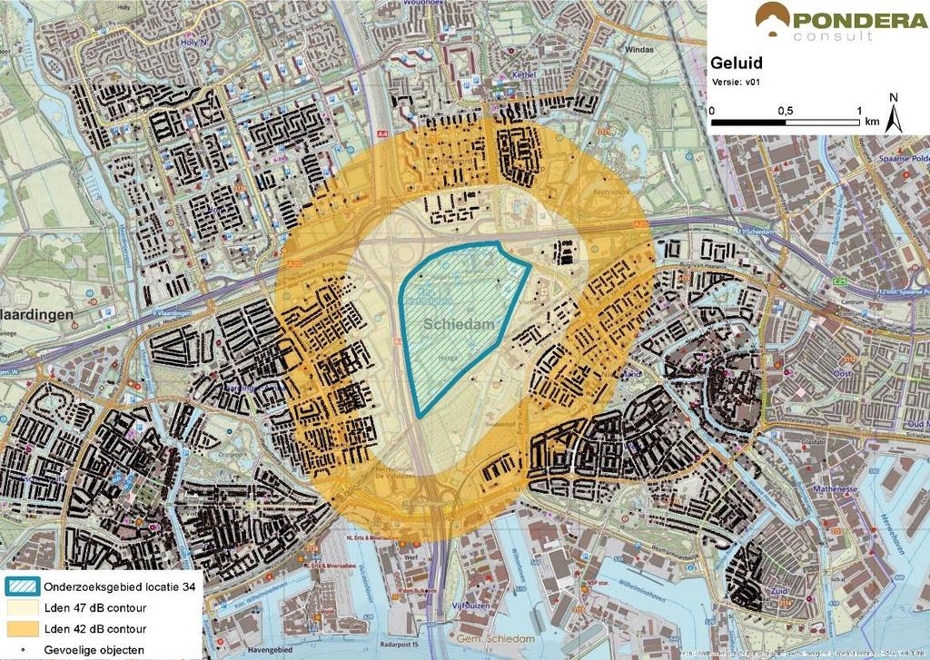 514 kernen Schiedam aan de oostzijde en Vlaardingen aan de westzijde en wordt dan ook omringd door gevoelige objecten. Er liggen 1.805 gevoelige objecten binnen de Lden = 47 db contour.