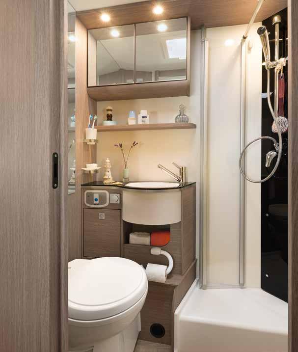 Bij het model T / I 2 is de toiletruimte voorzien van een aparte douchecabine, bij de T / I 3 is de sanitaire ruimte over de volledige breedte van de kampeerauto in te richten.