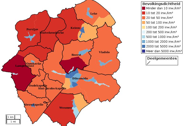 Kaartvisualisatie inwoners per statistische sector (wijk) op 01012016 voor DIKSMUIDE Bron: Rijksregister inclusief alle