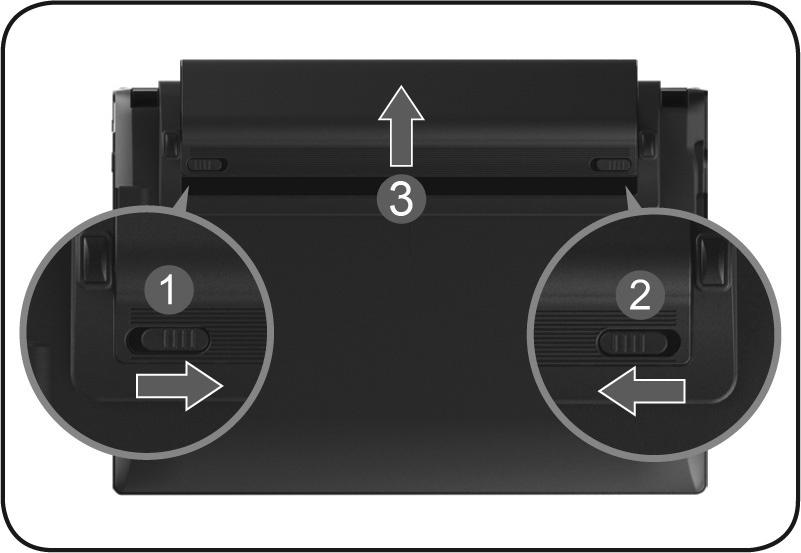 Verwijderen van de accu Om de accu te verwijderen, schuift u de veiligheidsgrendels ( en ) en in stand unlock. LET OP!