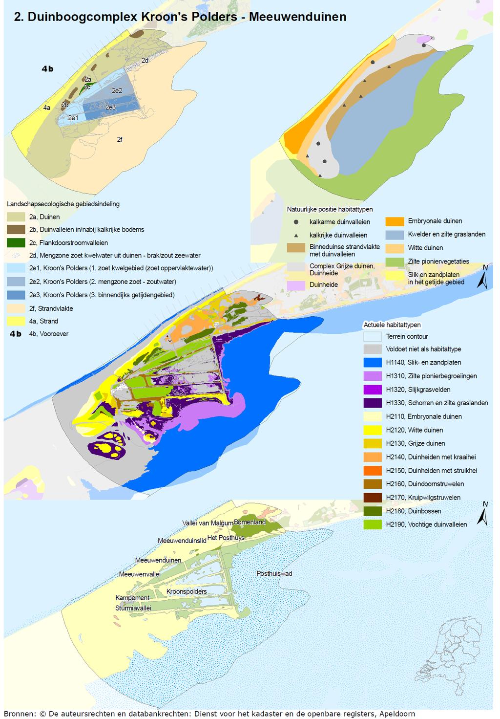 39 Figuur 4.10: Overzicht van het deelgebied, met landschapsecologische gebiedsindeling, natuurlijke positie van de habitattypen, habitattypenkaart en toponiemenkaart.