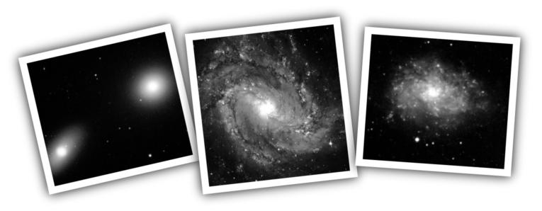 177 Elliptische Melkwegstelsels Laat type Spiraalstelsel Vroeg type Spiraalstelsel Figure 9.3: De linker afbeelding toont twee elliptische sterrenstelsels.