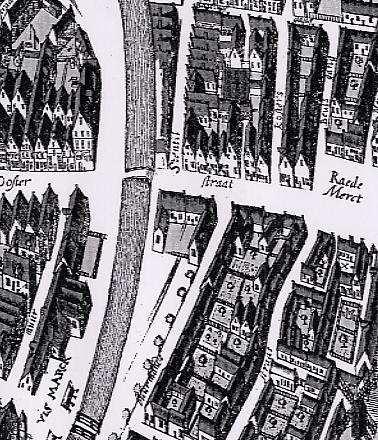 Afb. 3; op de kaart van Egbert Haubois uit omstreeks 134 (links) en op de eerste kadastrale minuutplan omstreeks 1830 (rechts) is aangegeven waar Gedempte Zuiderdiep ligt.