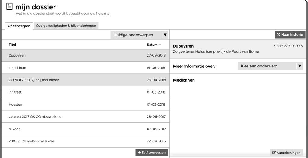 Dit is trouwens pas mogelijk als de huisartsenpraktijk deze module in gebruik heeft genomen en voor u aangezet heeft. U kunt wel eigen onderwerpen toevoegen.