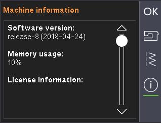 Machine-informatie Op de machine-informatietab staat de softwareversie, het gebruikte geheugen in de machine en licentieinformatie.