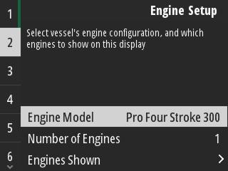 Motor instellen Hoofdstuk 2 - Startschermen en instelwizard In de instelsectie voor de motor in de instelwizard kan de operator het motormodel en het aantal motoren op het vaartuig selecteren.