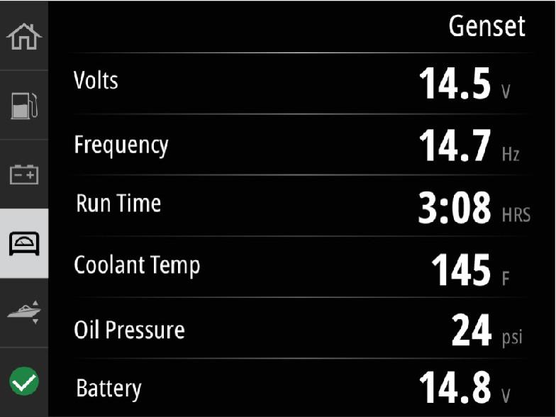 Diepte Diepte 64882 Generatorset Het gegevensscherm Genset (Generatorset) toont de volgende onderdelen: Voltage generatorset Frequentie generatorset Actieve tijd