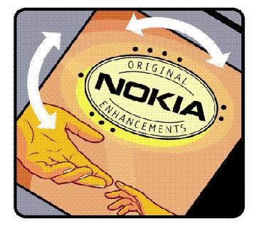 handen te zien, en vanuit de andere hoek het Nokia Original Enhancements-logo. 2.