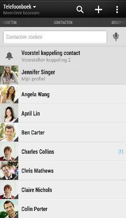 156 Contacten Contacten Je lijst met contacten De toepassing Contacten toont alle contacten op je HTC One max en van de onlineaccounts waarbij je bent aangemeld.