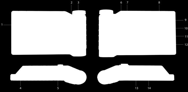 0 connectie 10. Enkele USB 2.0 connectie 11. RJ45 verbinding 12. Camera ingang 13. Trekker ECU ingang 14.