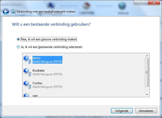Het volgende scherm krijgt u alleen als er al een bestaande VPN
