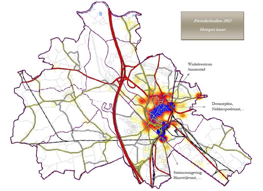 Poging vs voltooid: 98% fietsdiefstallen (641) 2% pogingen tot diefstal (7) Plaats: 44% openbare weg (288) 15% aanstation 14% aan