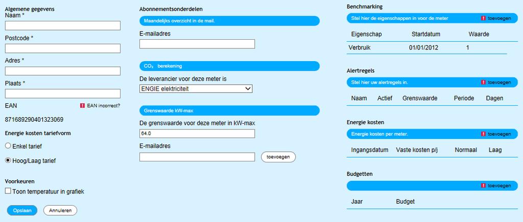 Bij metergegevens vult u per relevante meter de gecontracteerde waarde in. Deze drempelwaarde is dan weer te zien in de hiervoor genoemde grafiek bij Verbruiken.