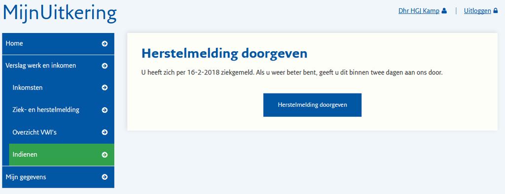 Vervolg 2b) Ziek- en herstelmeldingen Het volgende scherm opent.