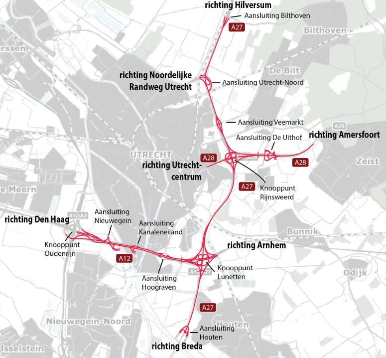 A28 Waterlinieweg tot samenvoeging hoofd- en parallelbanen Aanpassen knooppunt Rijnsweerd t/m de aansluiting Uithof en Vollenhoventunnel Verbreden c.q.