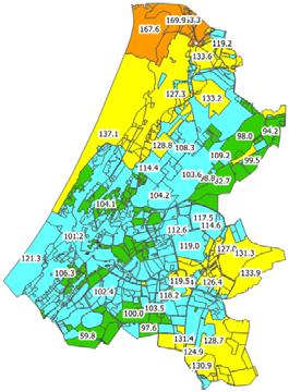 130 mm) tot maximaal 160 mm in het noordwesten van Rijnland (oranje vlakken). In het kader linksboven is de kaart van vorige week weergegeven.