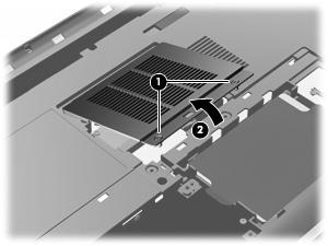 b. Verwijder het afdekplaatje van het geheugenmodulecompartiment (2). 6. Verwijder de huidige geheugenmodule als u de module wilt vervangen: a.