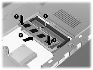 a. Breng de inkeping (1) in de geheugenmodule op één lijn met het nokje in het geheugenmoduleslot. b.