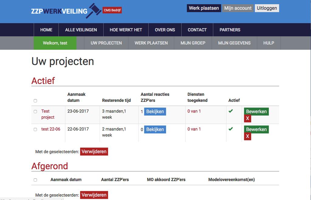 Klik op de knop Bekijken in de kolom aantal reacties ZZP ers om de biedingen van ZZP ers op een