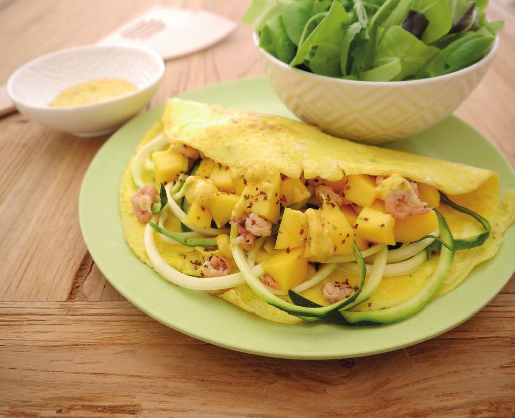 Diner: Gevulde omelet met garnalen en mango Eieren zijn rijk aan zink en L-tyrosine. De garnalen bevatten ook weer L-tyrosine, maar ook jodium, zink en selenium.