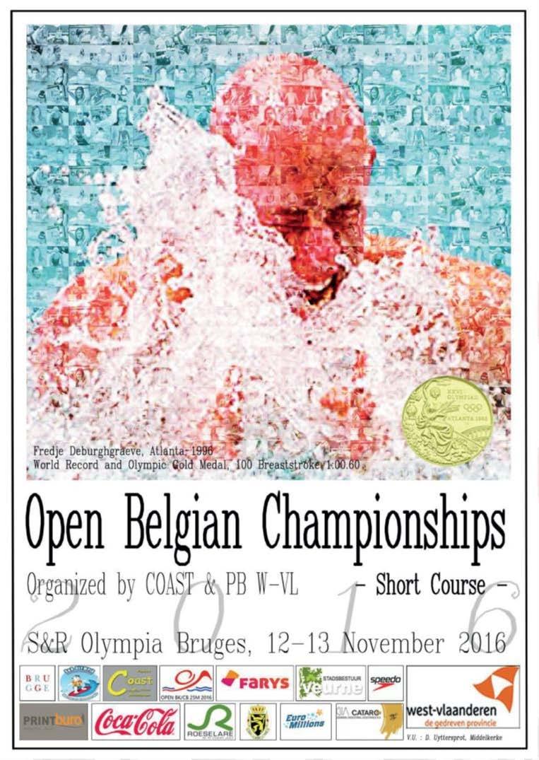 De affiche L affiche - Ontwerper : Bryan Uyttersprot - Lay out is gebaseerd op affiche OS 1996 in Atlanta, US - Zwemmer in actie is Fredje Deburghgraeve, WR en OR op 100 meter schoolslag in