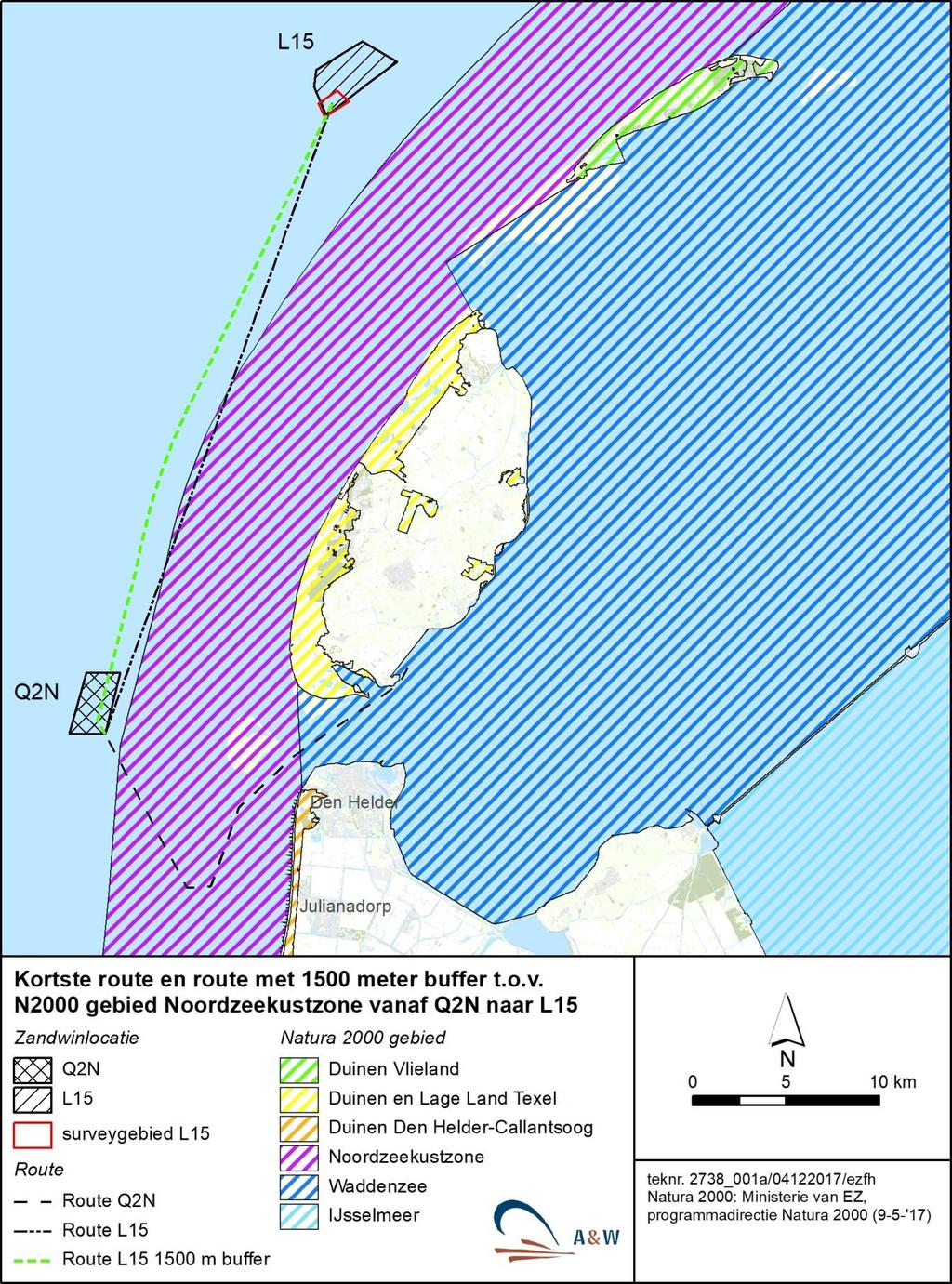 2 A&W-rapport 2432 Addendum Passende Beoordeling zandwinning en -transport PHZD Texel (Q2N en L15) Figuur 1.1 Ligging plangebied en vaarroutes.