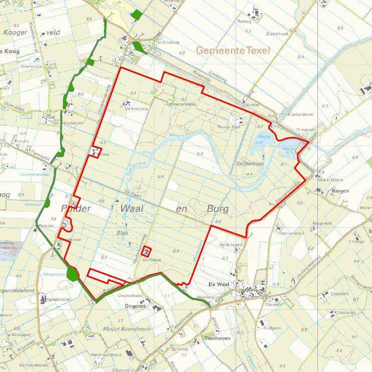 Figuur 4: Ligging Beschermd Natuurmonument Oude Dijk van Waal en Burg (groen) ten opzichte van plangebied (rood). Bron: http://www.synbiosys.alterra.nl/natura2000/googlemapsgebied.aspx?