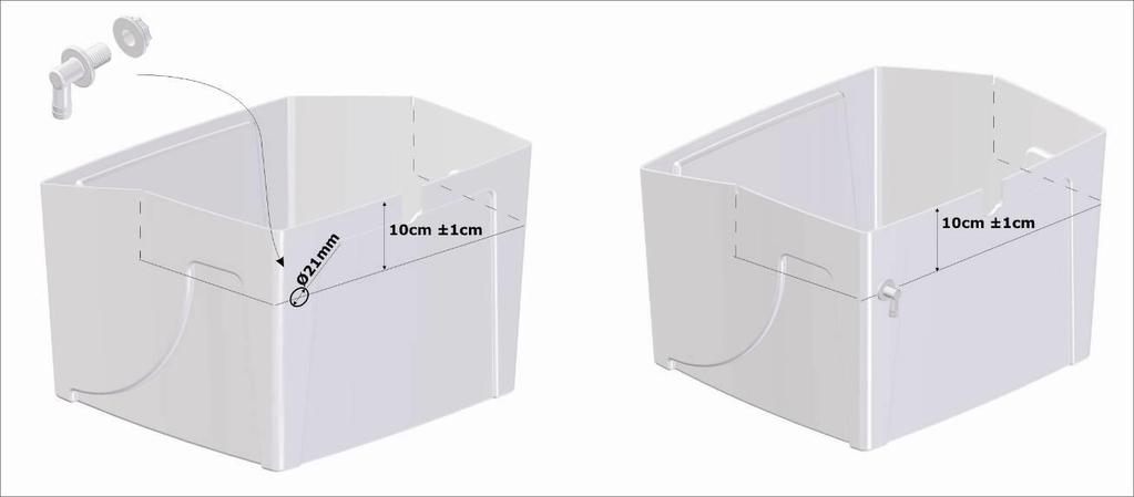 Delta Tibera 1. Vergeet zeker niet de meegeleverde overloop te installeren. Maak eerst een gat in de container met een diameter van 21mm.