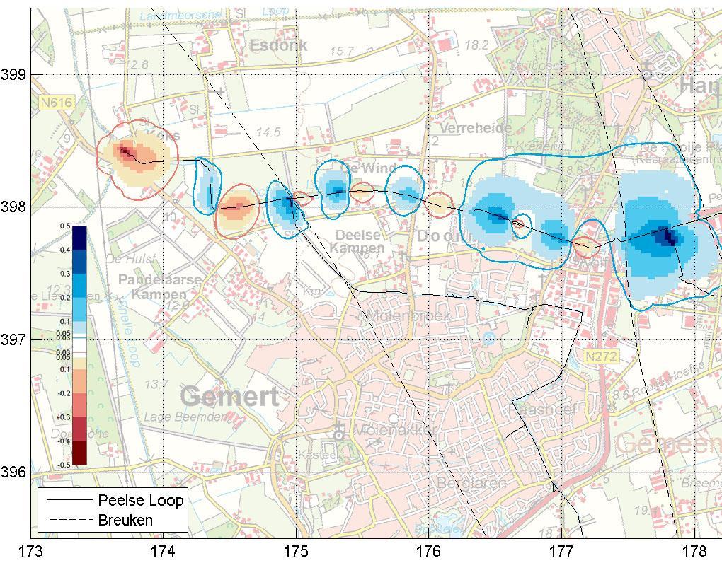 NA BEEKHERSTEL PIEK Figuur 5.1e. Huidige stroomsnelheden en stroomsnelheden na beekherstel: zomer, winter en piekafvoer. 5.2 Grondwater Met een grondwatermodel zijn de effecten van het veranderde waterstandsverloop op de grondwaterstand doorgerekend.