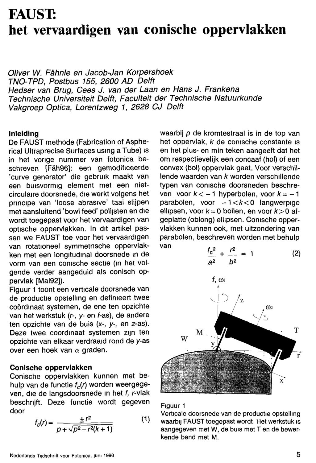 FAUST: het vervaardigen van conische oppervlakken Oliver W. Fähnle en Jacob-Jan Korpershoek TNO-TPD, Postbus 155, 2600 AD Delft Hedser van Brug, Cees J. van der Laan en Hans J.