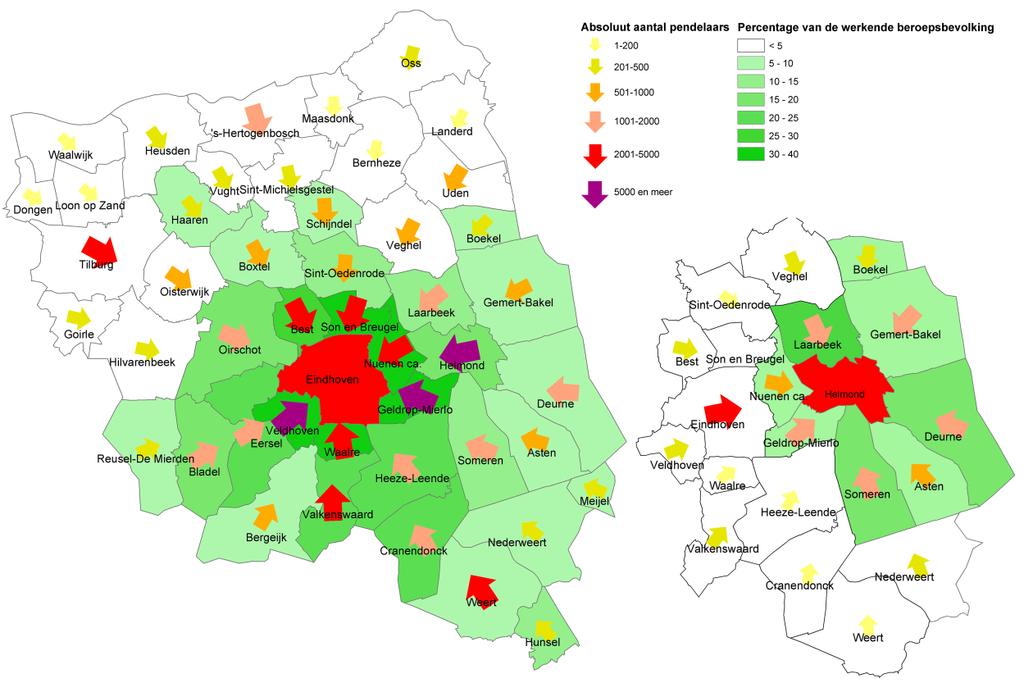 3. Pendelstromen per gemeente Uit CBS gegevens blijkt dat iedere dag 68.000 mensen uit de omliggende gemeenten naar hun werk gaan in Eindhoven (46.700),
