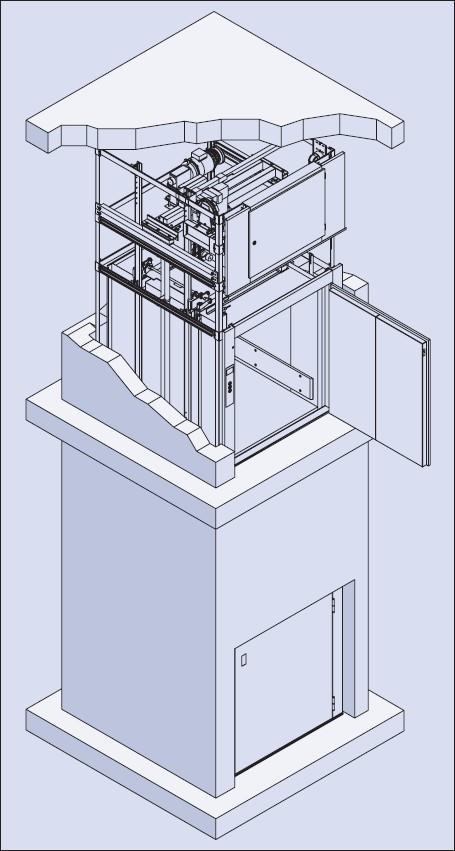 15 m/s Zelfdragende structuur voor installatie in schacht Enkelvoudige scharnierdeur Breedte: 1000 mm Diepte: 1300 mm Hoogte: 1200 mm Goederenlift 300.