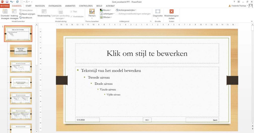 Wanneer je het lettertype, de achtergrond, kleuren, thema, in één keer op elke dia wil veranderen, zal je dit moeten doen via het diamodel.
