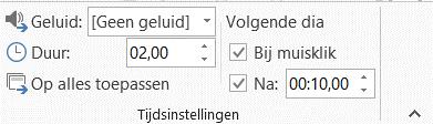 Klik bij Naar volgende dia op Tijdsinstelling gebruiken. Tip: Als je je type voorstelling verandert in bekeken in kiosk, worden voorgaande opties onmiddellijk aangevinkt.