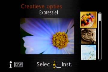 Toepassing (opname) Beelden opnemen door het beeldeffect te wijzigen Modus [Creatieve opties] U kunt uw eigen instellingen selecteren uit diverse effecten en foto s maken terwijl u deze effecten op
