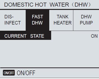 1.1 DHW mode basisinstelling voor warmwater: Snel warmwater: Wanneer op de bediening unit deze selectie is ingesteld zal zowel warmtepomp en aanvullende verwarming toestellen direct gezamenlijk in