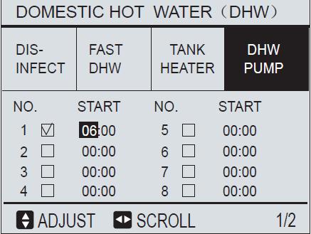 Tijdsduur van draaitijd tapwaterpomp kan ingesteld worden bij running time. Dit kan middels een tijd schema zie onderstaand voorbeeld: De tapwaterpomp zal draaien ook bij desinfectie. 5.