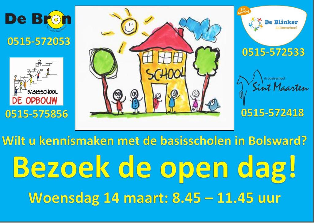 Open dag op c.b.s. de Bron: Elk jaar zetten de basisscholen in Bolsward 2x per jaar de deuren open voor belangstellende ouders in verband met de aanmelding van hun kind op de basisschool.